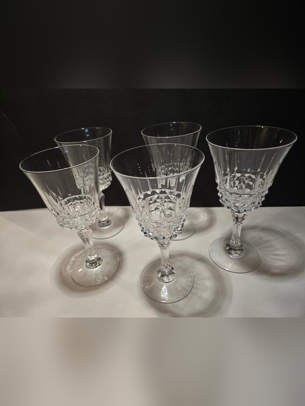 Vintage Crystal Cut Wine Glasses Goblets Faceted Stem Set of 5 Barware